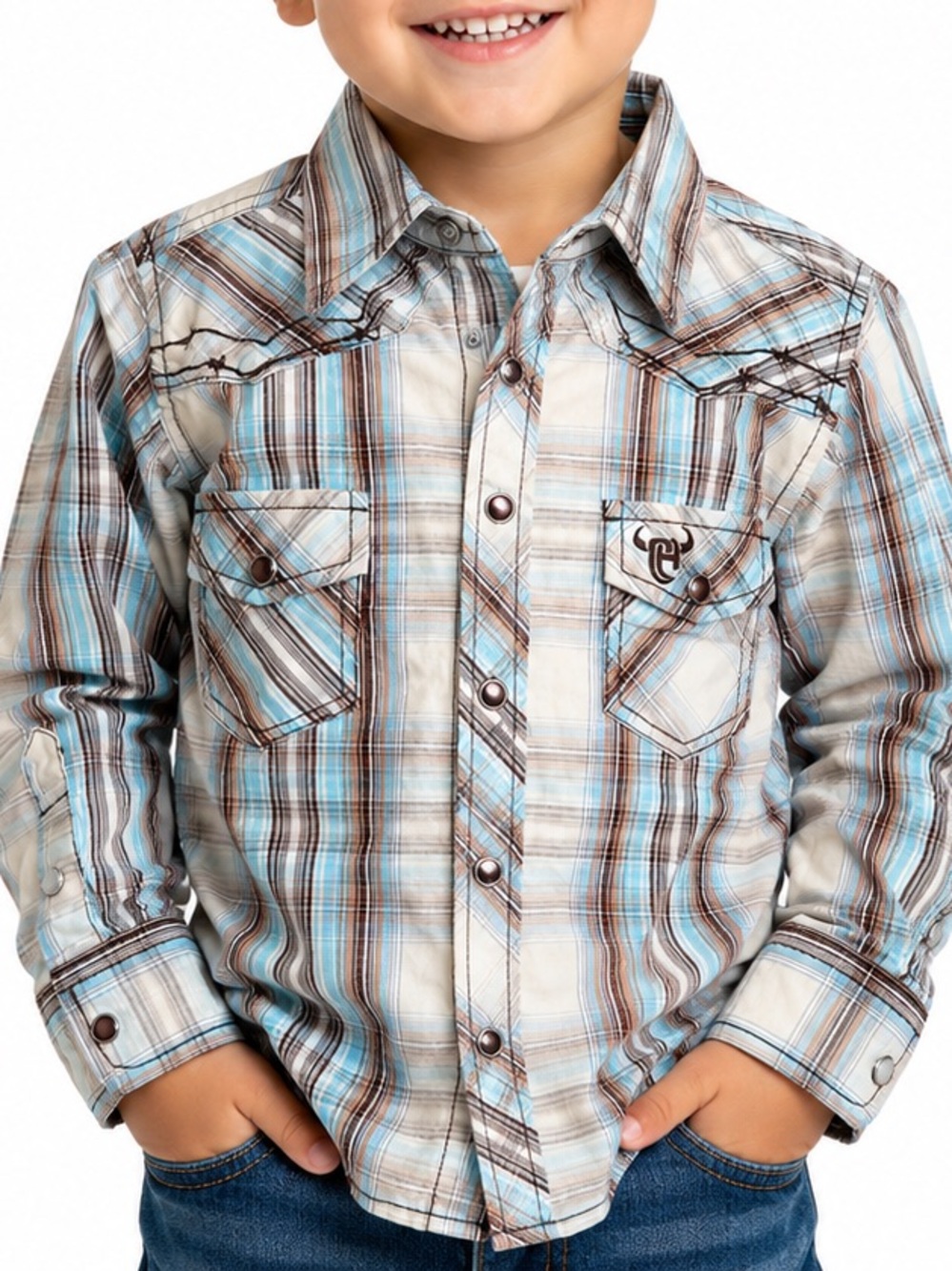Cowboy Hardware Boys 2T Western Plaid Snap Front Shirt Blue Brown Long Sleeve